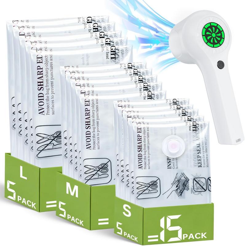 ערכת שקיות ואקום לאחסון עם משאבה נטענת אלחוטית 15 שקיות למזוודה ולבית