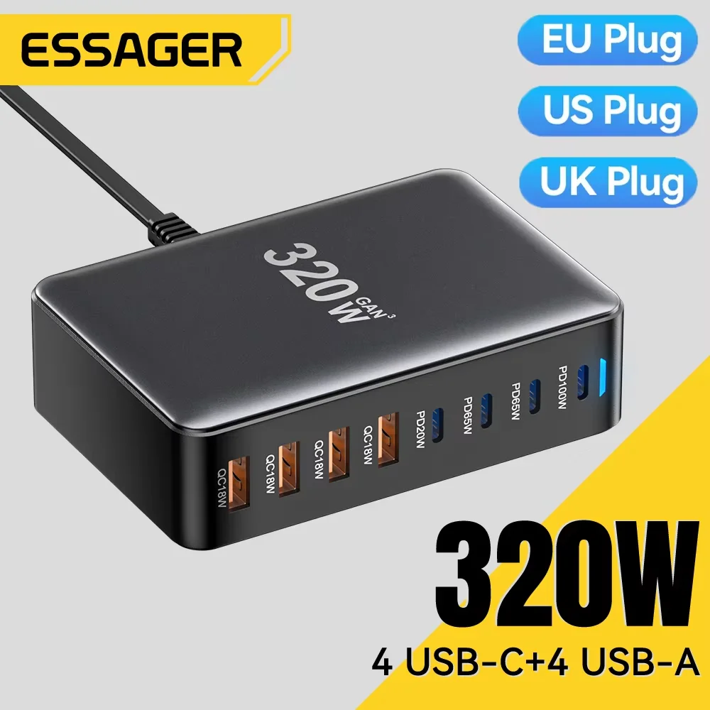 תחנת טעינה שולחנית חכמה 8 פורטים Essager 320W GaN