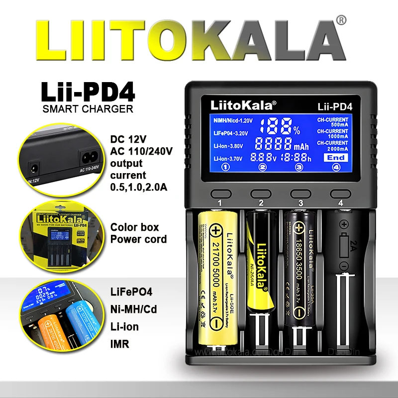 מטען חכם לסוללות LiitoKala Lii-PD4/PD2 עם מסך LCD וטעינה מהירה