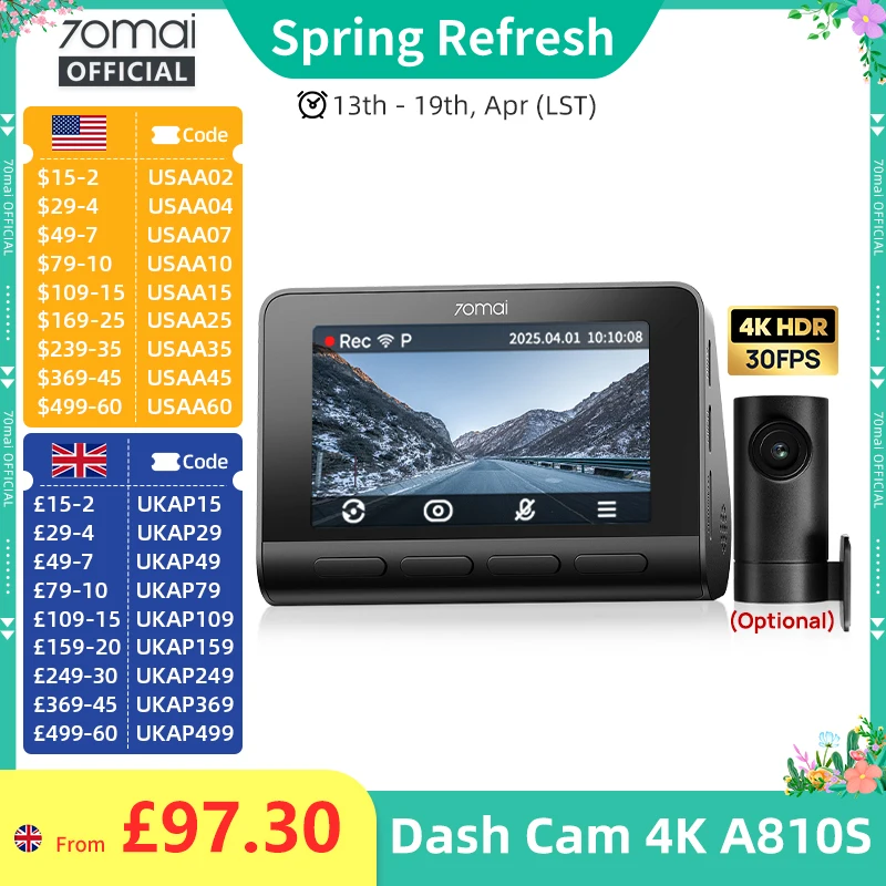 מצלמת רכב חכמה 4K לרכב 70mai Dash Cam A810S