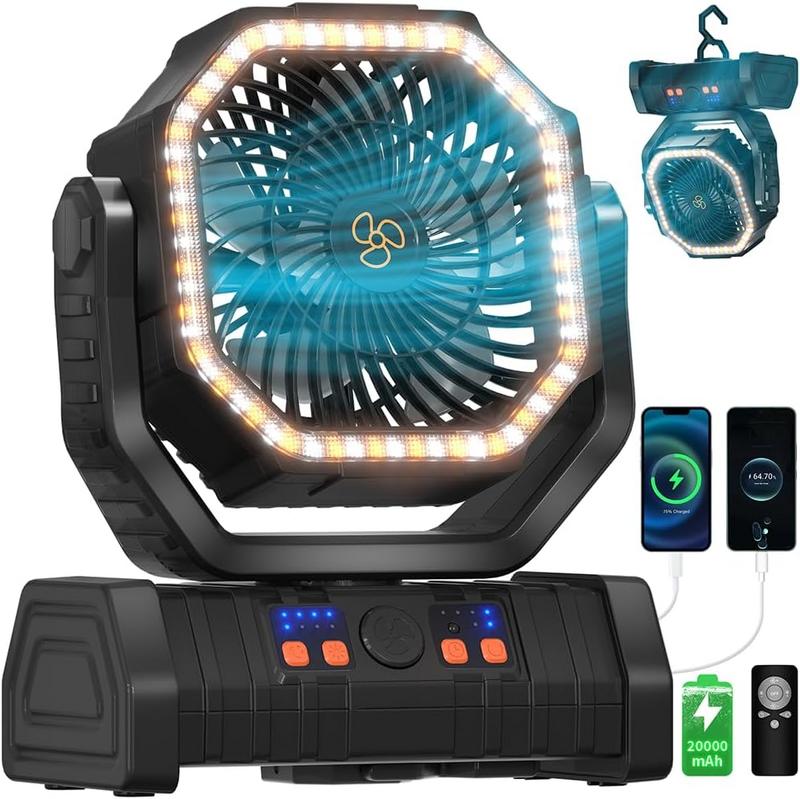 מאוורר נטען נייד לאוהלים ולקמפינג עם פנס LED, סוללה 20000mAh, מתלה וסיבוב מלא