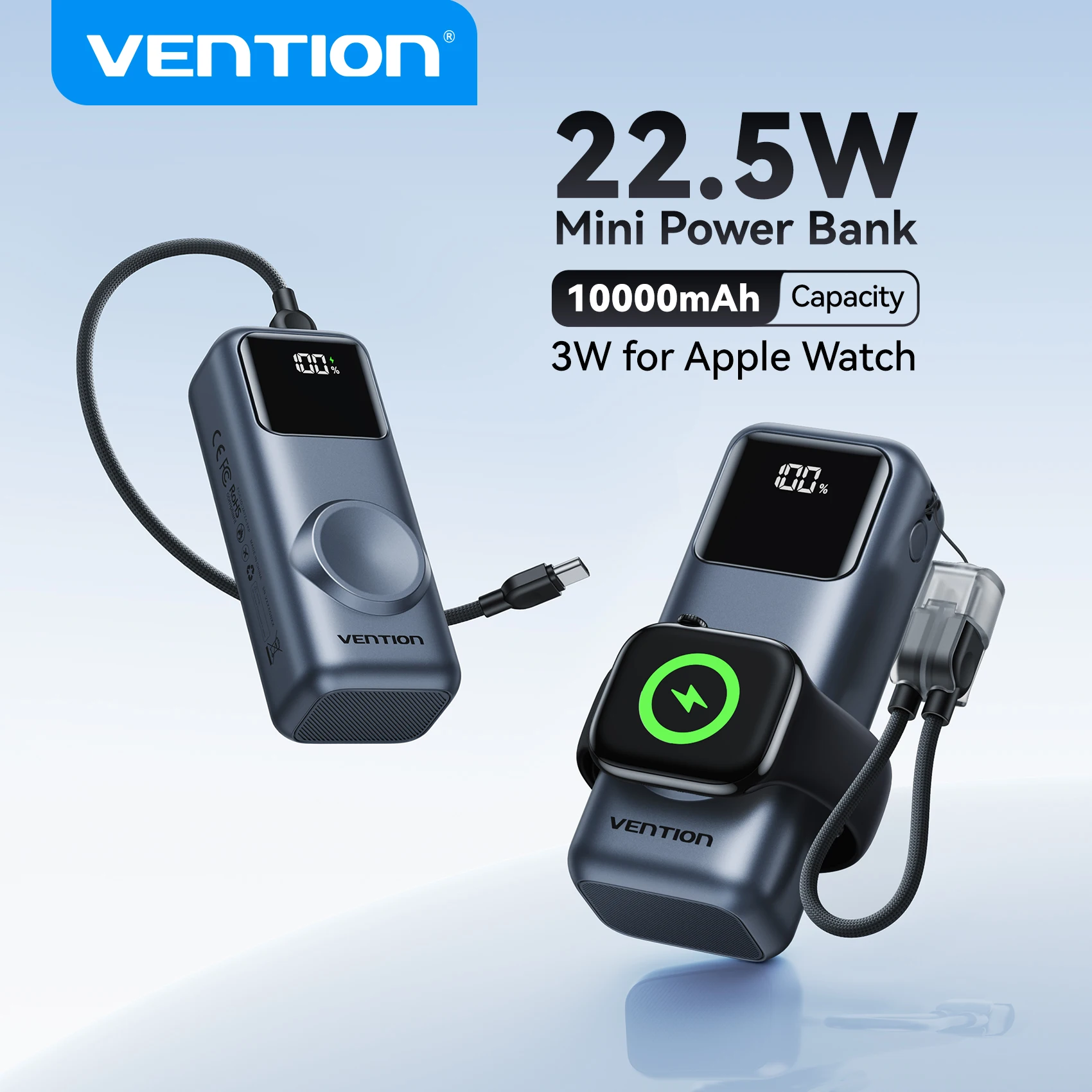 סוללת חירום ניידת Vention 10000mAh Mini Power Bank 22.5W עם טעינה אלחוטית מגנטית ל-iPhone ולאפל ווטש