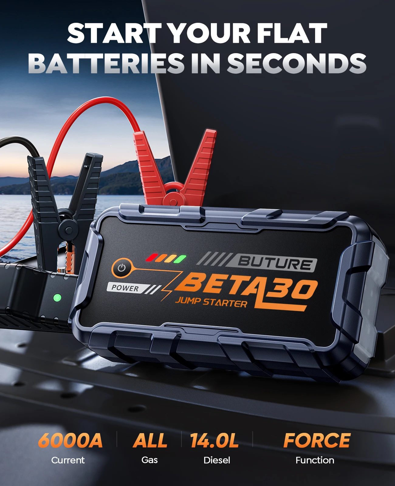 בוסטר התנעה עוצמתי לרכב BUTURE BETA30 6000A 26,800mAh