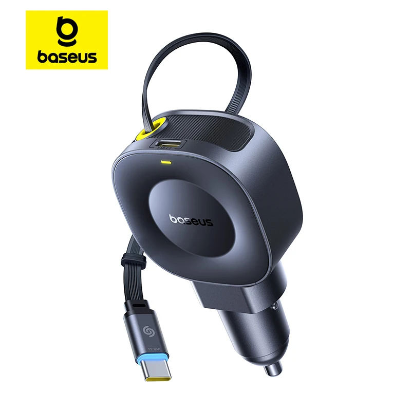 מטען רכב מהיר 45W Baseus עם כבל נשלף מובנה ומרחב חיבורים