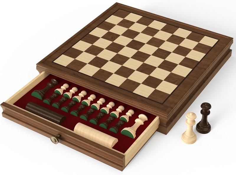 ערכת שחמט ודמקה מעץ אגוז טבעי 33×33 ס"מ עם מגירה מגנטית Doowroodni