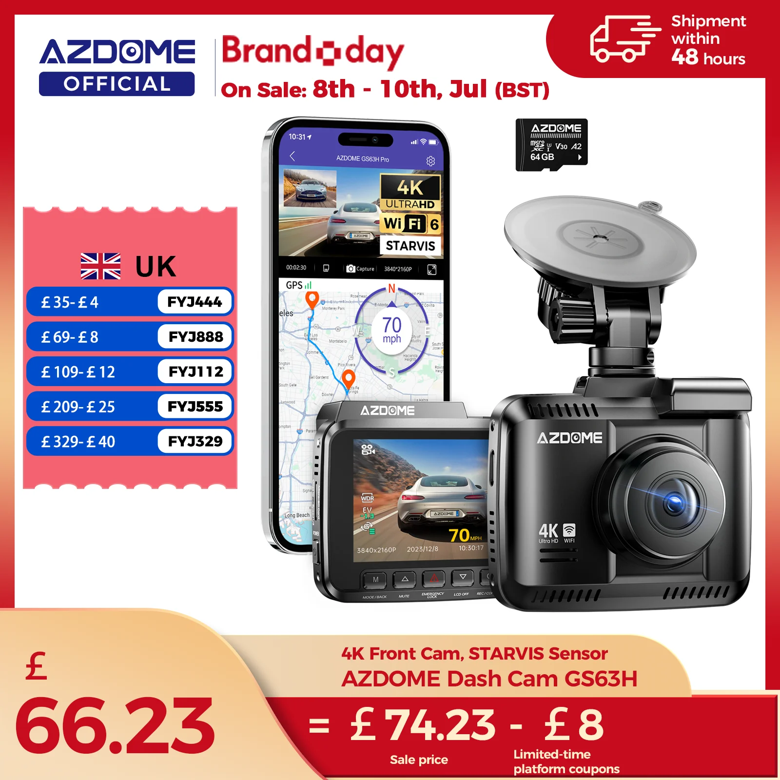 מצלמת רכב קדמית 4K AZDOME GS63H עם וויפי מבוססת קבל חשמלי (נטולת סוללה)