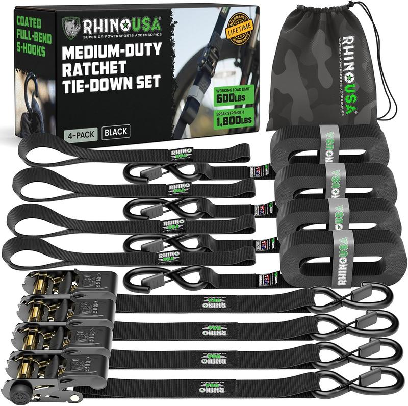רצועות קשירה ראצ'ט Rhino USA (סט 4) עם ווי S – 2.5 ס"מ x 4.6 מטר