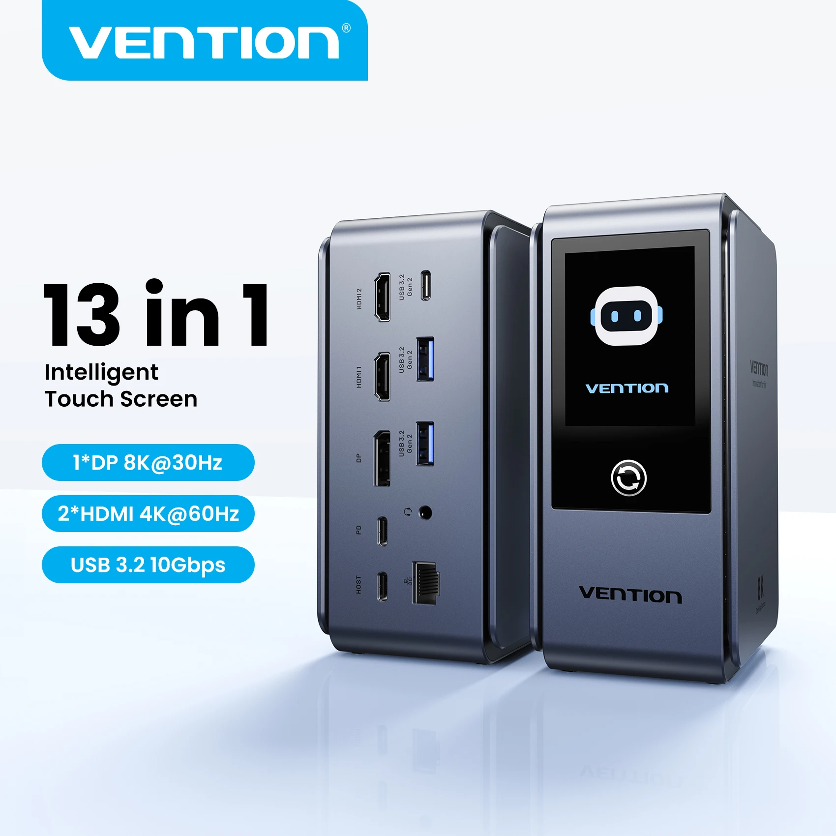 תחנת עגינה 13 ב-1 Vention Smart Screen 8K עם USB-C ותצוגת מסך חכמה