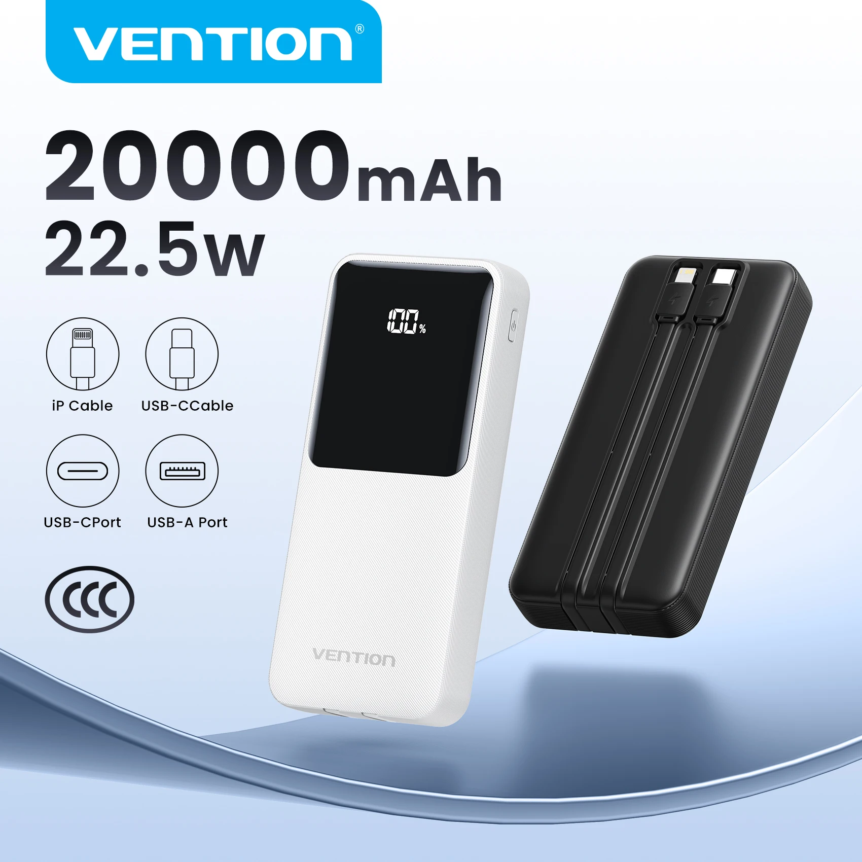סוללת גיבוי ניידת 20000mAh עם כבלים מובנים Vention 22.5W