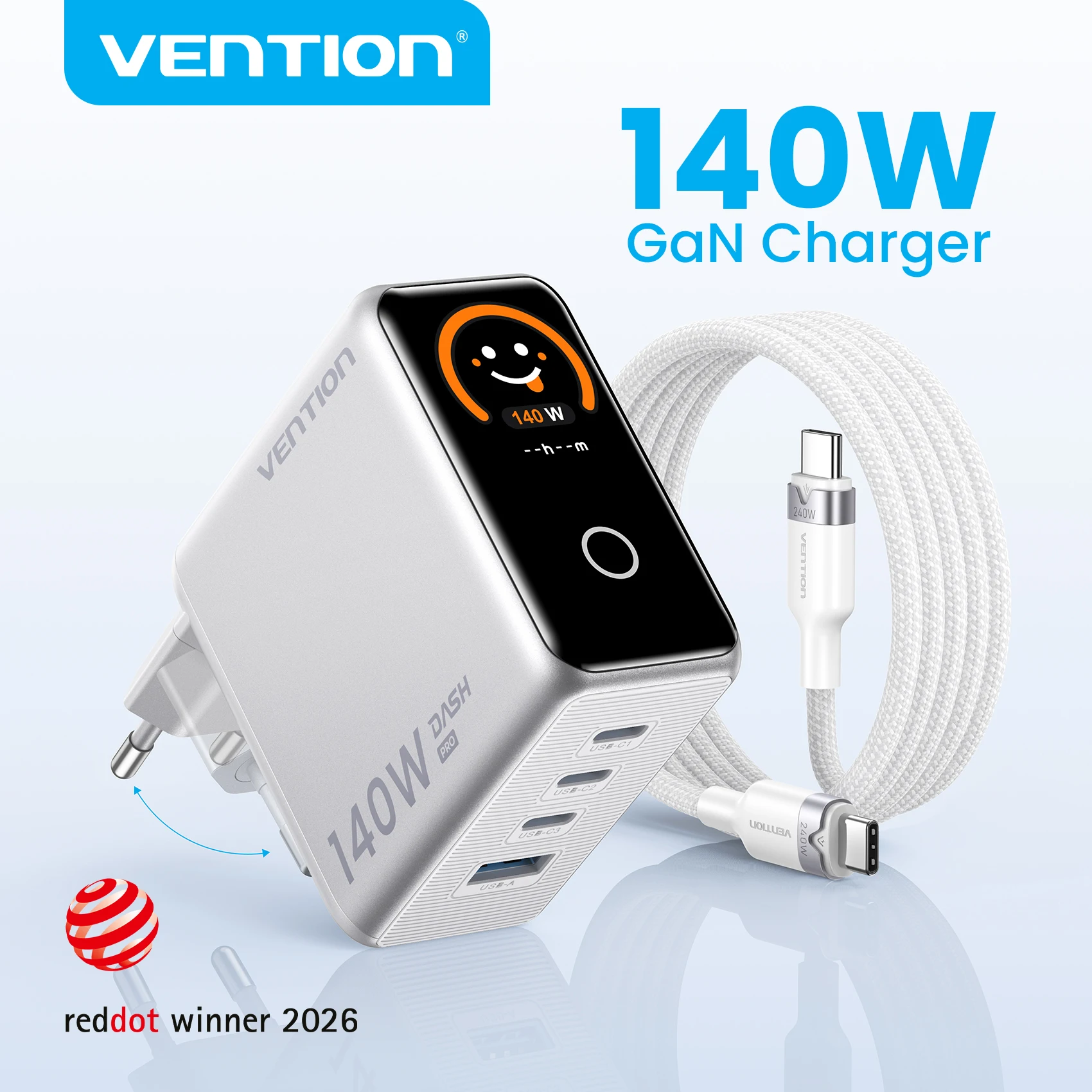 מטען GaN מהיר 140W Vention Dash Pro עם תצוגה חכמה