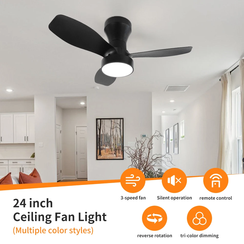 מאוורר תקרה קטן 24" בעיצוב מודרני עם תאורת LED ושלט רחוק