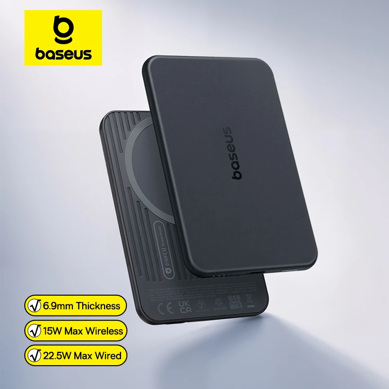 סוללת גיבוי מגנטית דקה 5000mAh Baseus עם USB-C וטעינה אלחוטית 15W