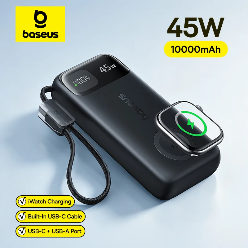 סוללת גיבוי קומפקטית Baseus EnerFill FT31 10000mAh עם טעינה אלחוטית ל-Apple Watch ו-45W USB-C