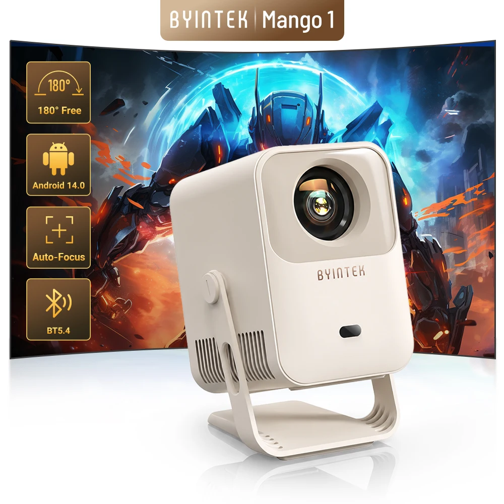 מקרן קומפקטי BYINTEK Mango1 עם WiFi6 וזיכרון מובנה