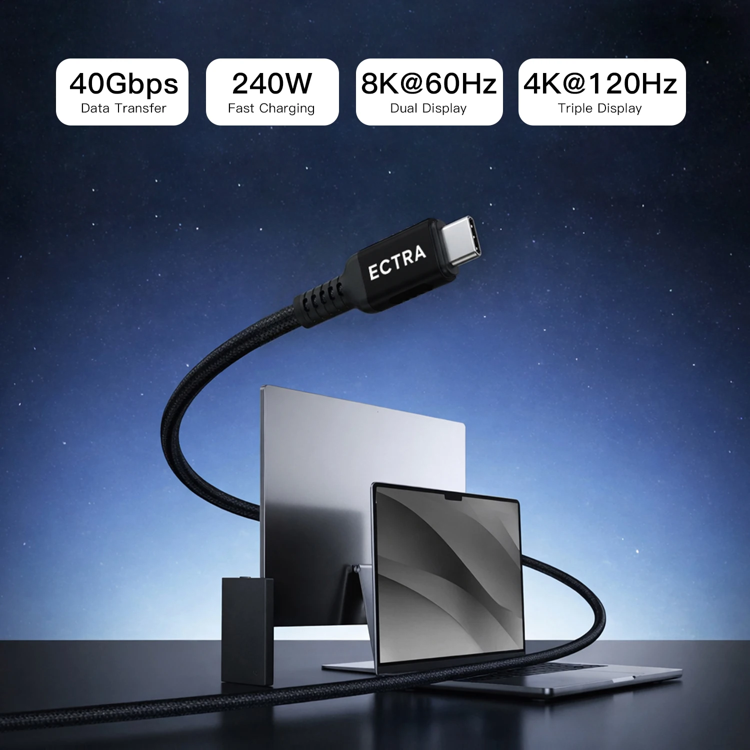 מטען קיר 65W עם כבל 70 ס"מ נשלף + כבל טעינה וסנכרון USB-C ל-USB-C KIESLECT E-CTRA 240W (1 מטר)