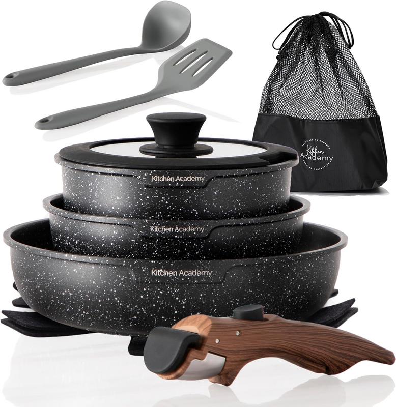 סט סירים ומחבתות עם ידית נשלפת Kitchen Academy – 10 חלקים, מתאים לאינדוקציה ולקמפינג
