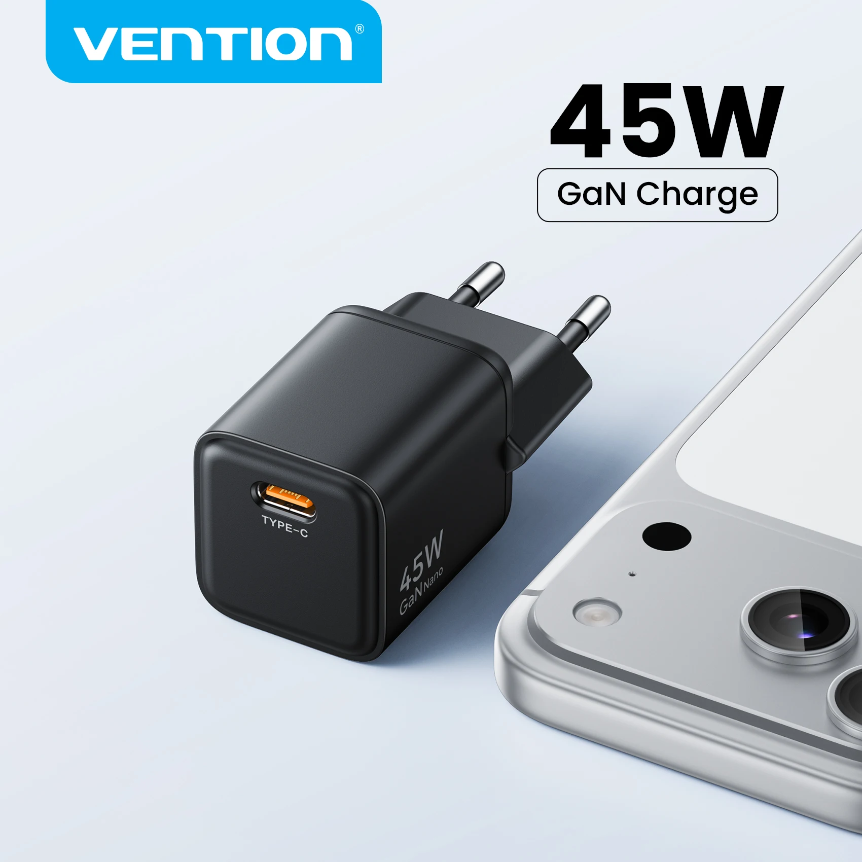 מטען GaN נייד וקומפקטי 45W Vention עם USB-C לטעינה מהירה