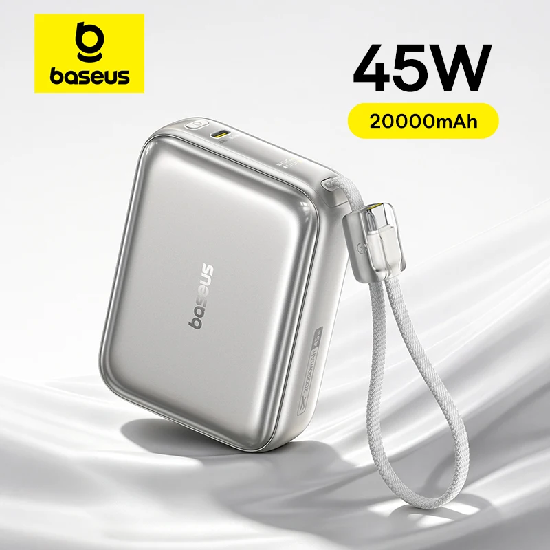 סוללת גיבוי קומפקטית Baseus Picogo AC22 20000mAh עם כבל USB-C מובנה והספק טעינה 45W